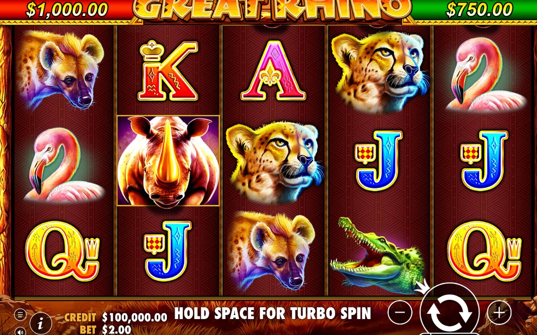 Basspelet med fem hjul, 20 linjer och rhino-staplar på spelplanen.